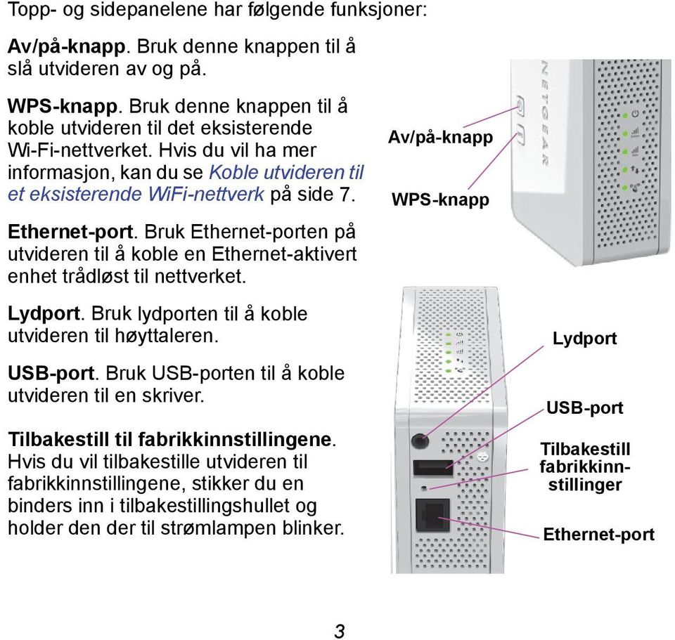 Bruk Ethernet-porten på utvideren til å koble en Ethernet-aktivert enhet trådløst til nettverket. Lydport. Bruk lydporten til å koble utvideren til høyttaleren. USB-port.