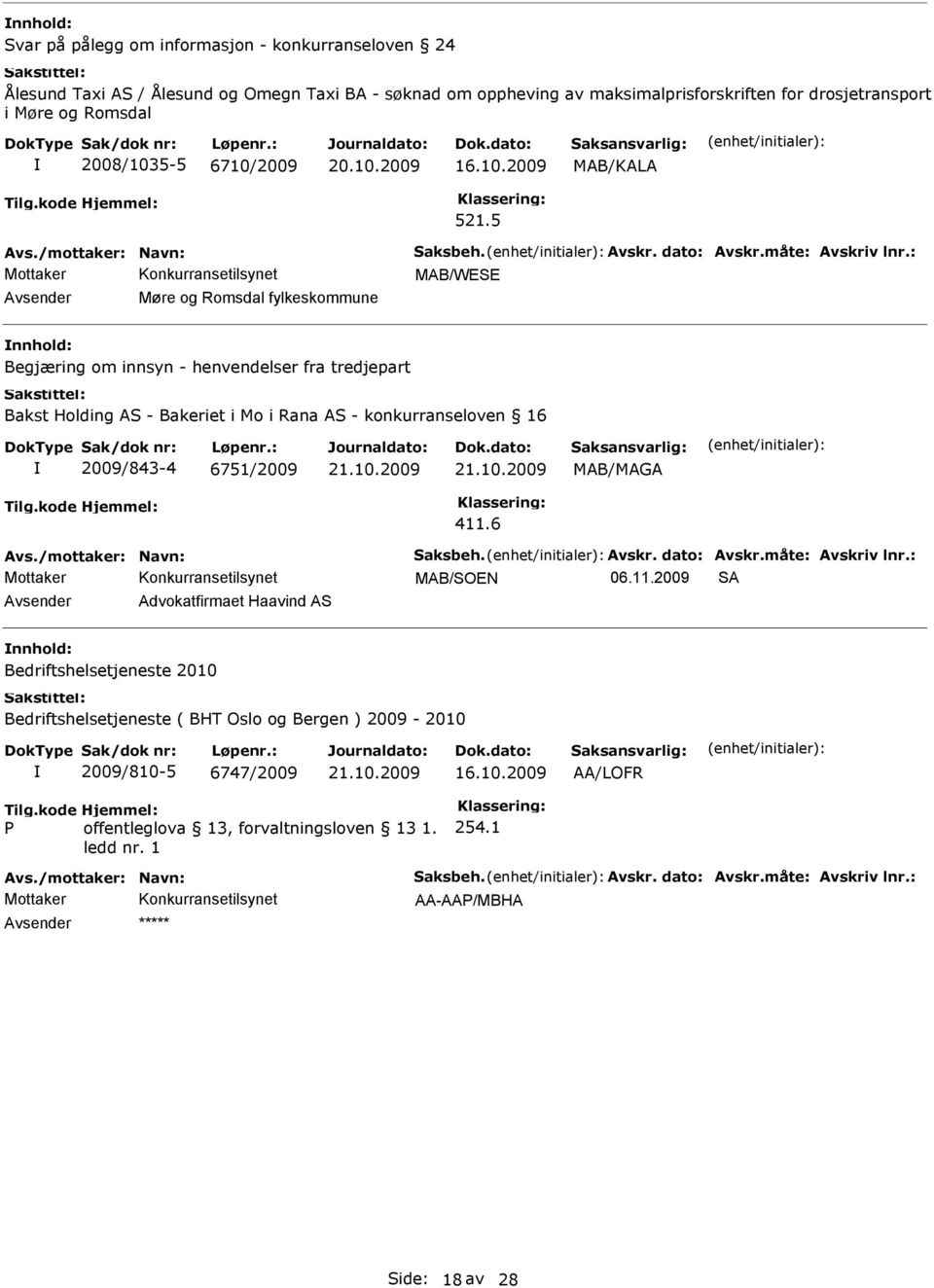 5 MAB/WESE Avsender Møre og Romsdal fylkeskommune Begjæring om innsyn - henvendelser fra tredjepart Bakst Holding AS - Bakeriet i Mo i Rana AS - konkurranseloven 16 2009/843-4