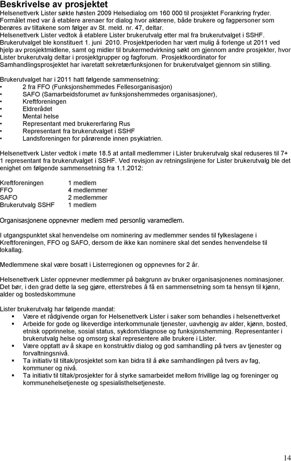 Helsenettverk Lister vedtok å etablere Lister brukerutvalg etter mal fra brukerutvalget i SSHF. Brukerutvalget ble konstituert 1. juni 2010.