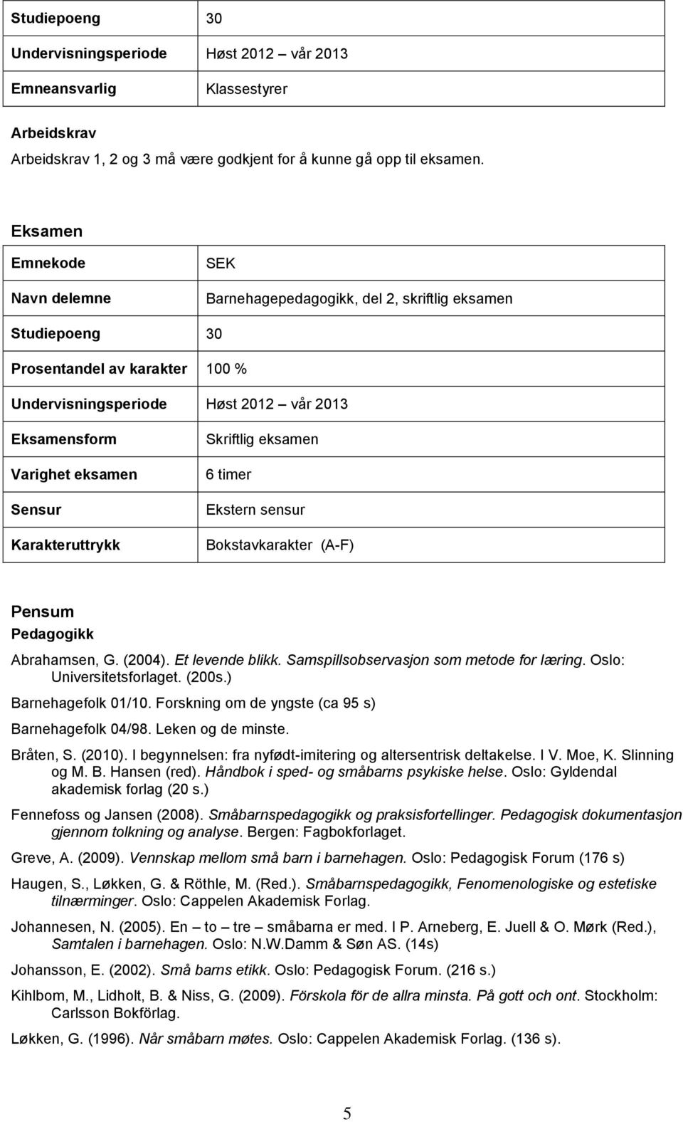 Sensur Karakteruttrykk Skriftlig eksamen 6 timer Ekstern sensur Bokstavkarakter (A-F) Pensum Pedagogikk Abrahamsen, G. (2004). Et levende blikk. Samspillsobservasjon som metode for læring.