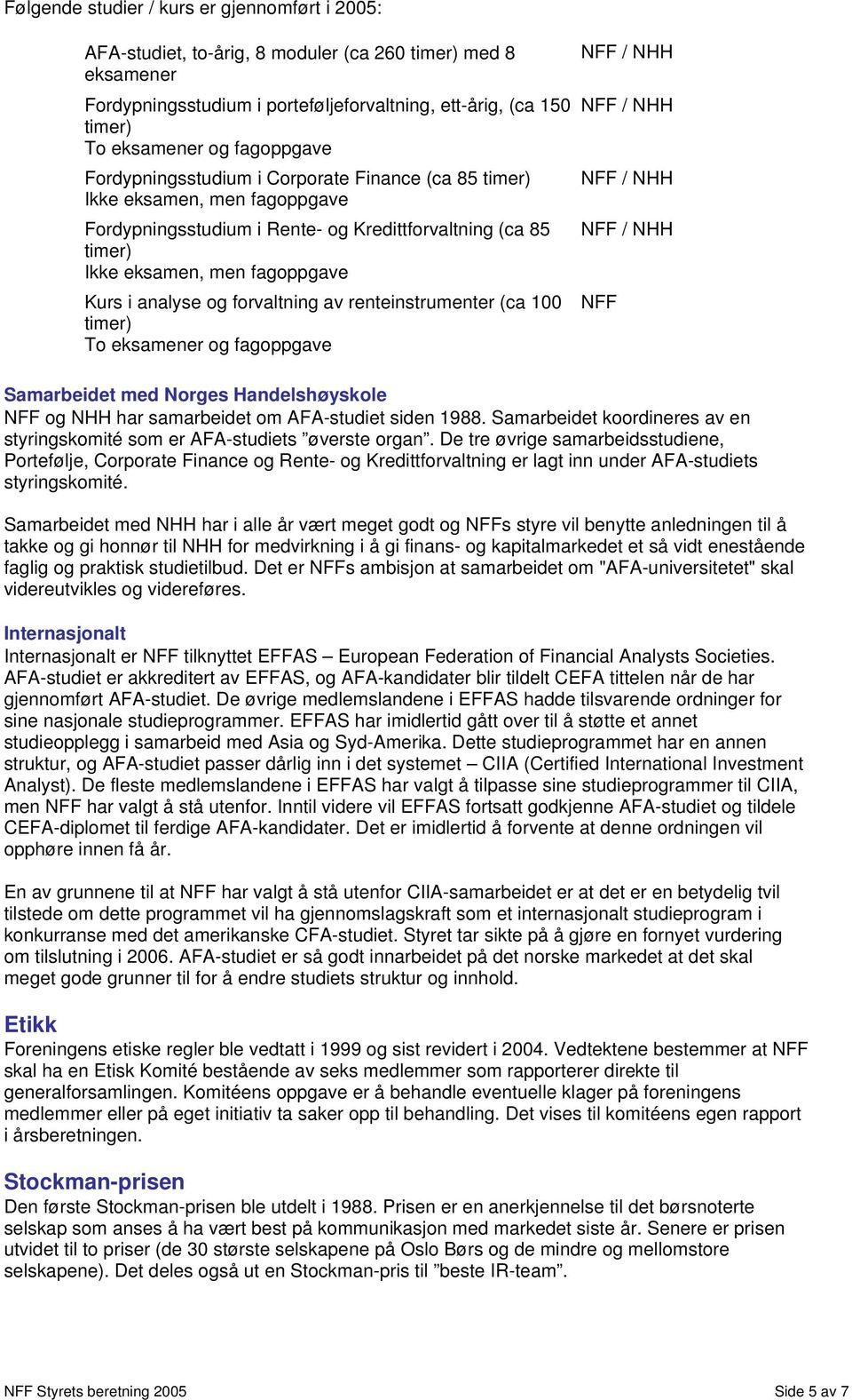 analyse og forvaltning av renteinstrumenter (ca 100 timer) To eksamener og fagoppgave NFF Samarbeidet med Norges Handelshøyskole NFF og NHH har samarbeidet om AFA-studiet siden 1988.