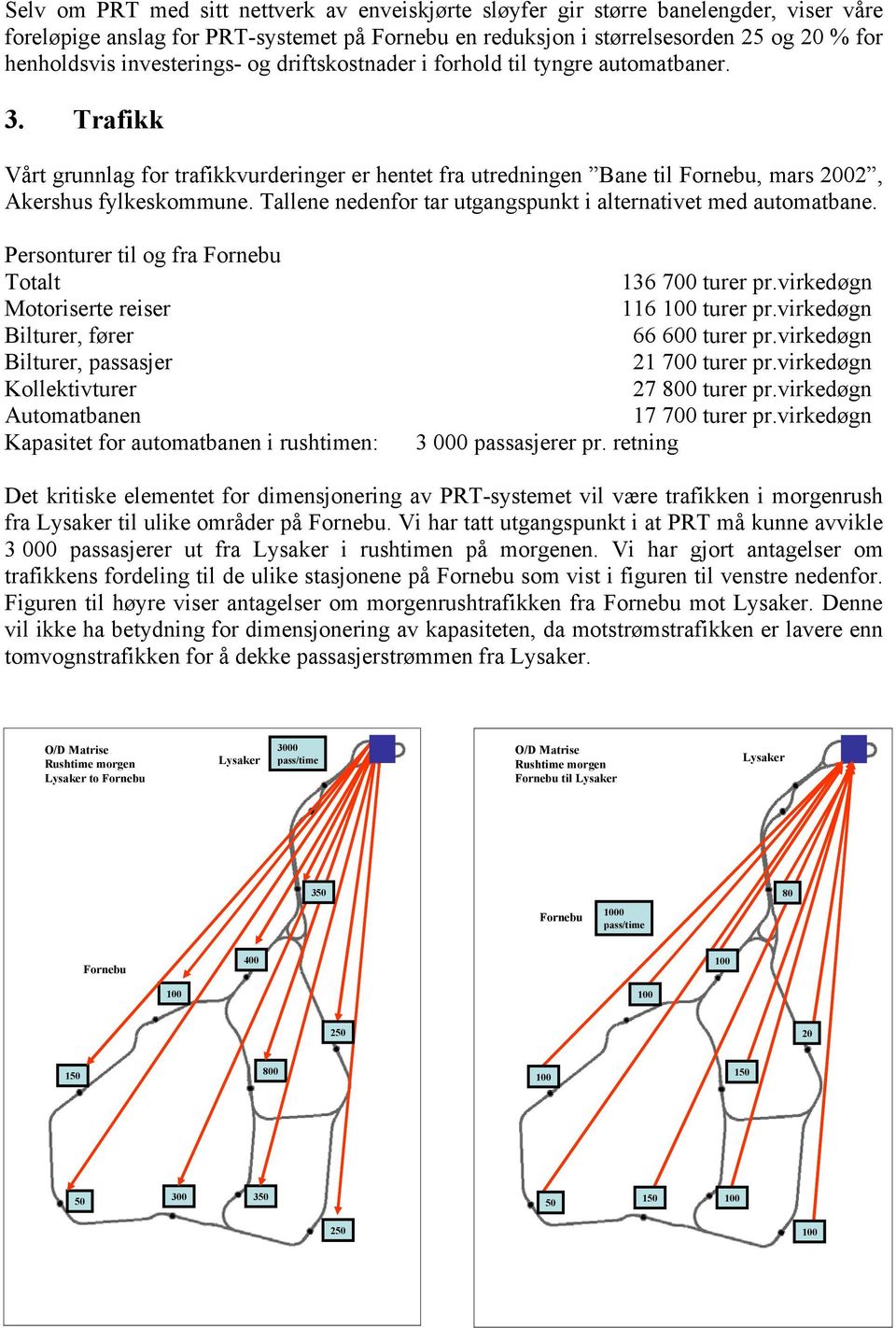 Tallene nedenfor tar utgangspunkt i alternativet med automatbane. Personturer til og fra Fornebu Totalt 136 700 turer pr.virkedøgn Motoriserte reiser 116 100 turer pr.