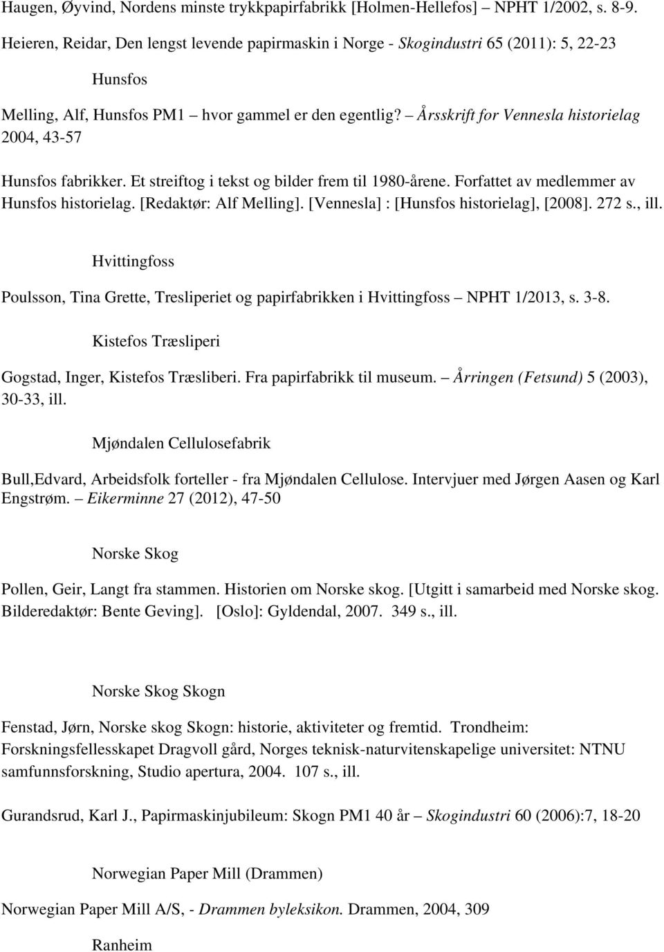 Årsskrift for Vennesla historielag 2004, 43-57 Hunsfos fabrikker. Et streiftog i tekst og bilder frem til 1980-årene. Forfattet av medlemmer av Hunsfos historielag. [Redaktør: Alf Melling].