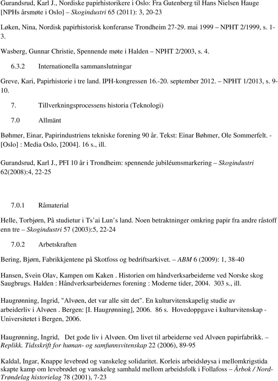 mai 1999 NPHT 2/1999, s. 1-3. Wasberg, Gunnar Christie, Spennende møte i Halden NPHT 2/2003, s. 4. 6.3.2 Internationella sammanslutningar Greve, Kari, Papirhistorie i tre land. IPH-kongressen 16.-20.