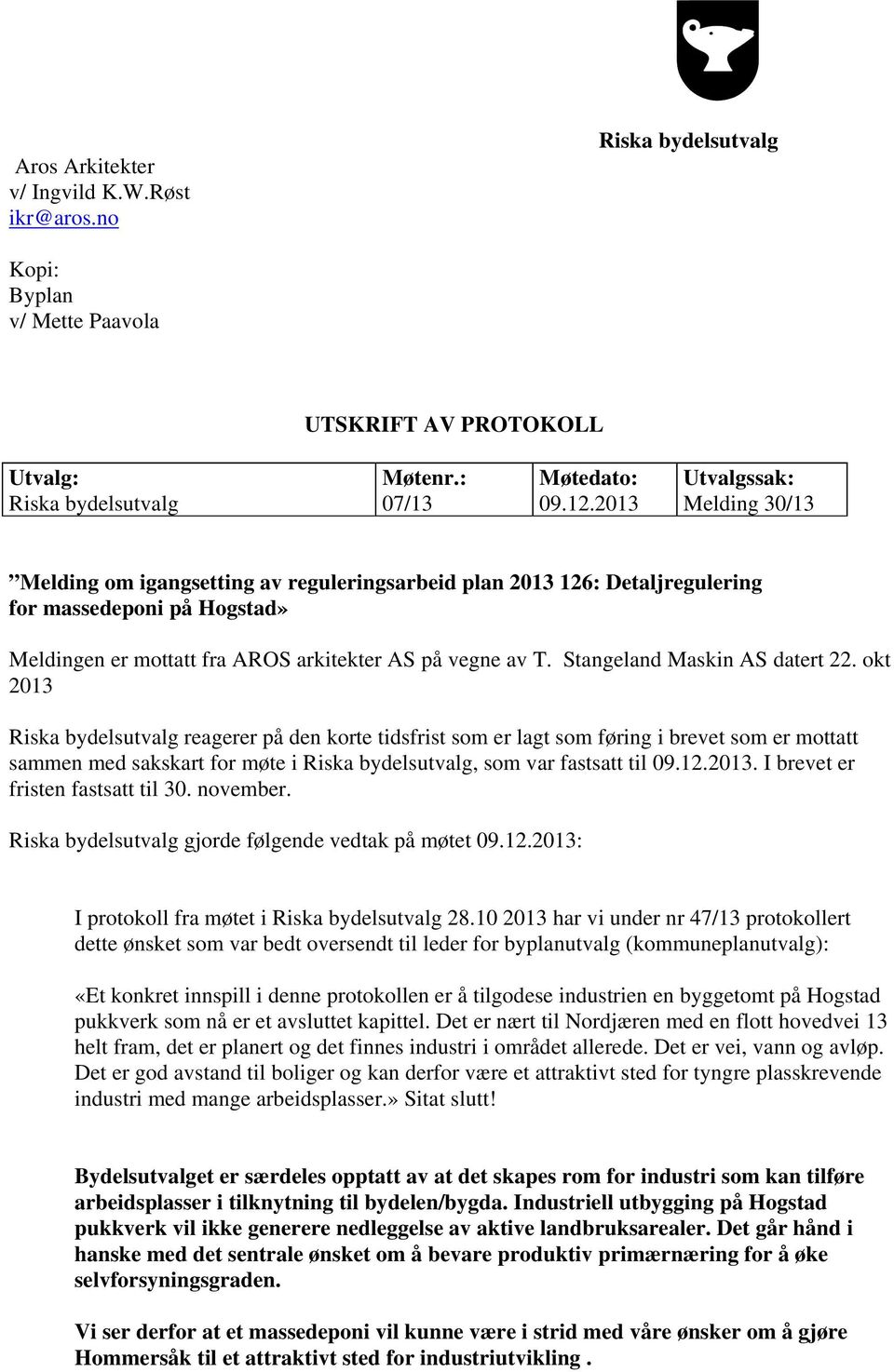 Stangeland Maskin AS datert 22.