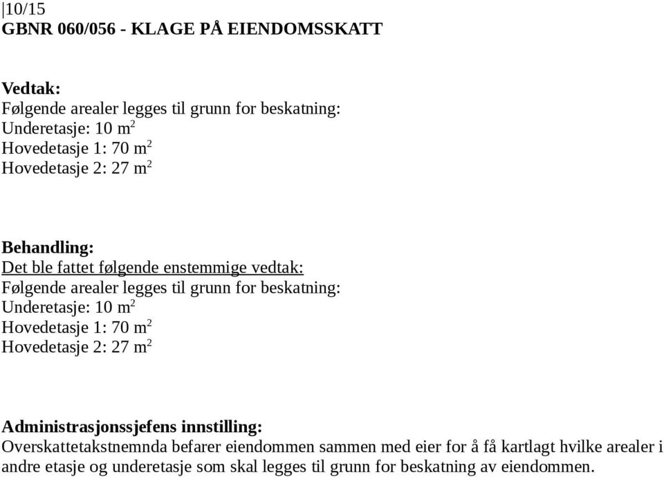 m 2 Hovedetasje 1: 70 m 2 Hovedetasje 2: 27 m 2 Overskattetakstnemnda befarer eiendommen sammen med eier for å