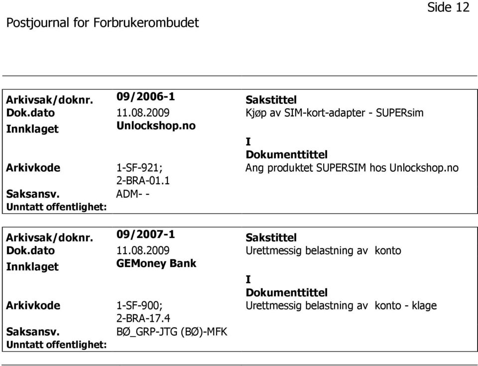 1 Ang produktet SPERSM hos nlockshop.no ADM- - Arkivsak/doknr. 09/2007-1 Sakstittel Dok.