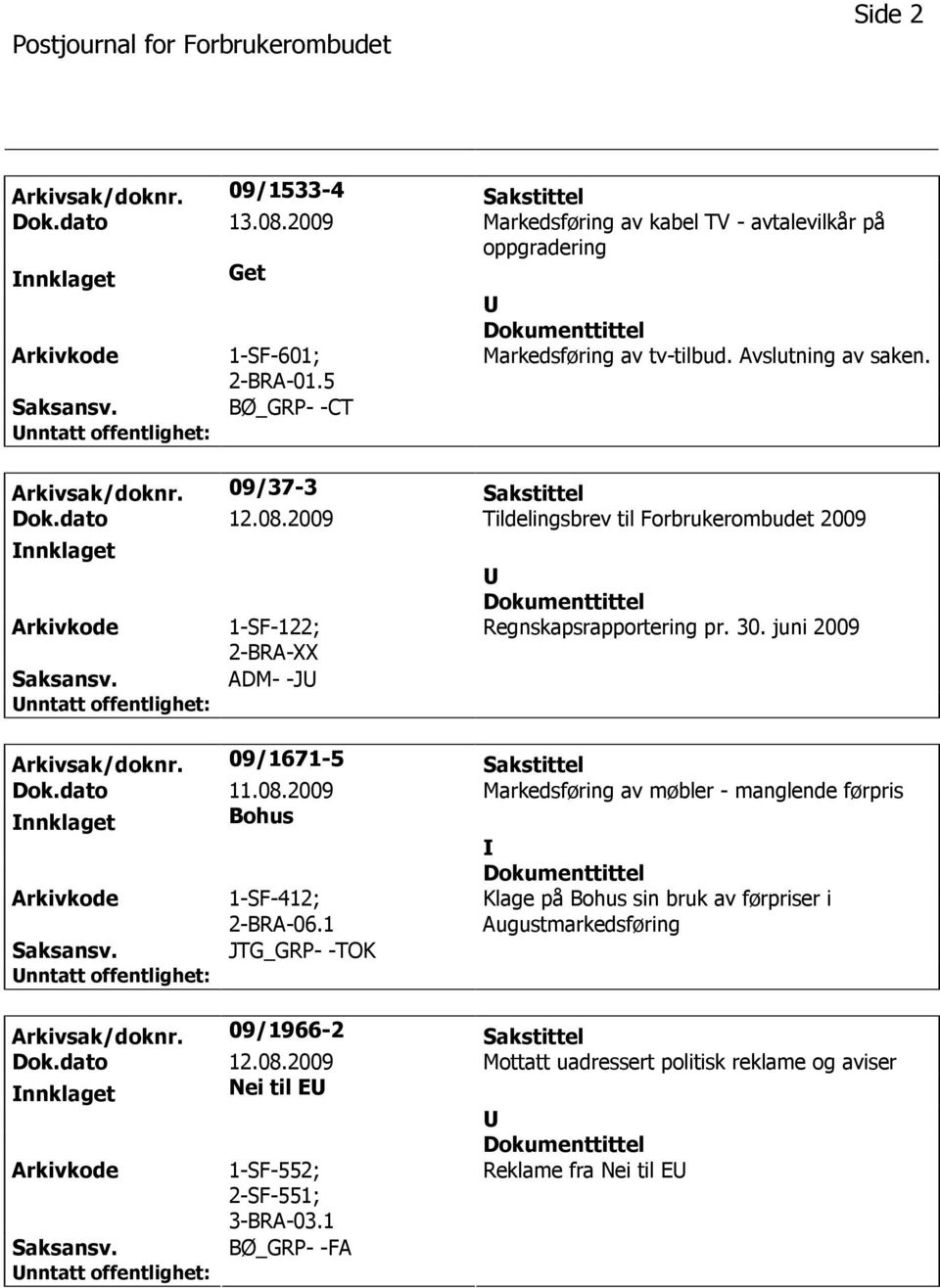 juni 2009 Arkivsak/doknr. 09/1671-5 Sakstittel Dok.dato 11.08.2009 Markedsføring av møbler - manglende førpris nnklaget Bohus 1-SF-412; 2-BRA-06.