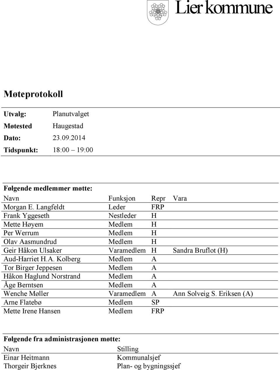 Aud-Harriet H.A. Kolberg Medlem A Tor Birger Jeppesen Medlem A Håkon Haglund Norstrand Medlem A Åge Berntsen Medlem A Wenche Møller Varamedlem A Ann Solveig S.