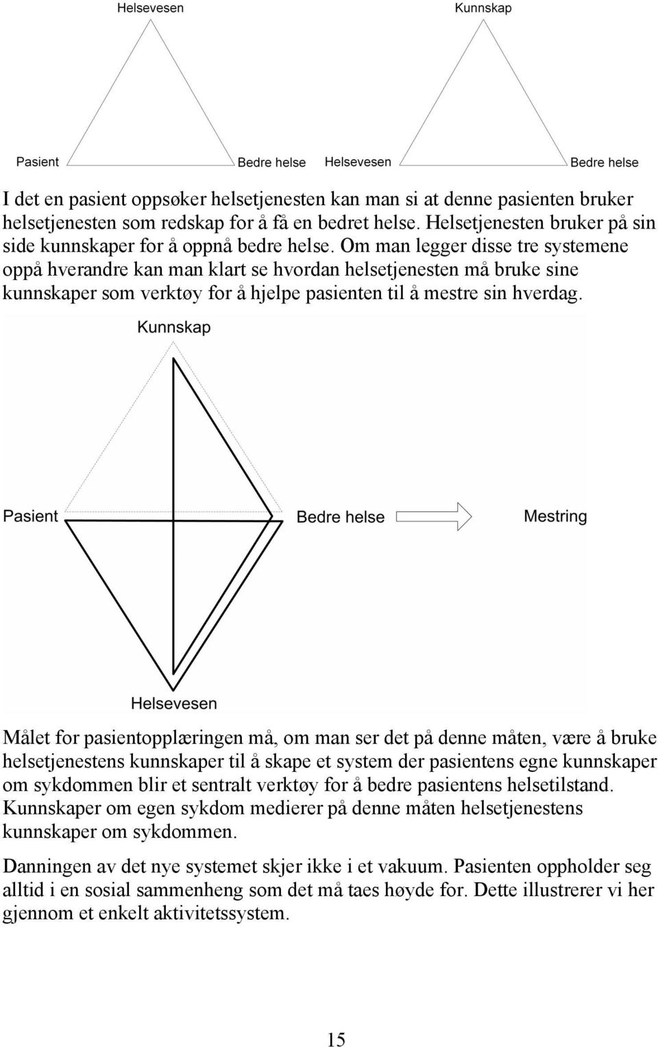 Målet for pasientopplæringen må, om man ser det på denne måten, være å bruke helsetjenestens kunnskaper til å skape et system der pasientens egne kunnskaper om sykdommen blir et sentralt verktøy for