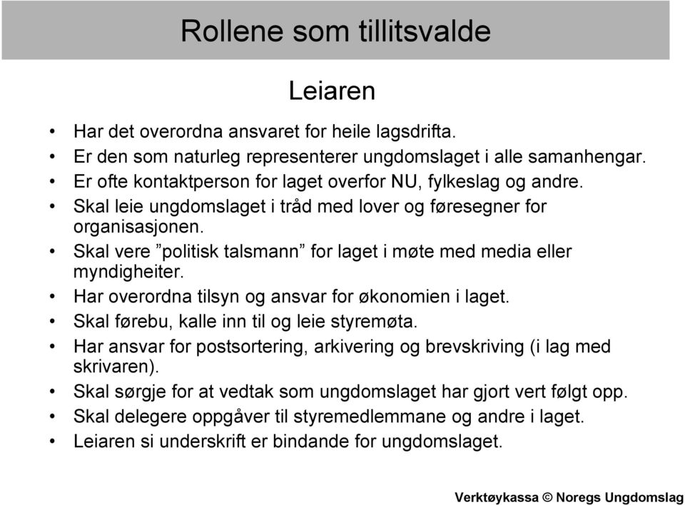 Skal vere politisk talsmann for laget i møte med media eller myndigheiter. Har overordna tilsyn og ansvar for økonomien i laget. Skal førebu, kalle inn til og leie styremøta.