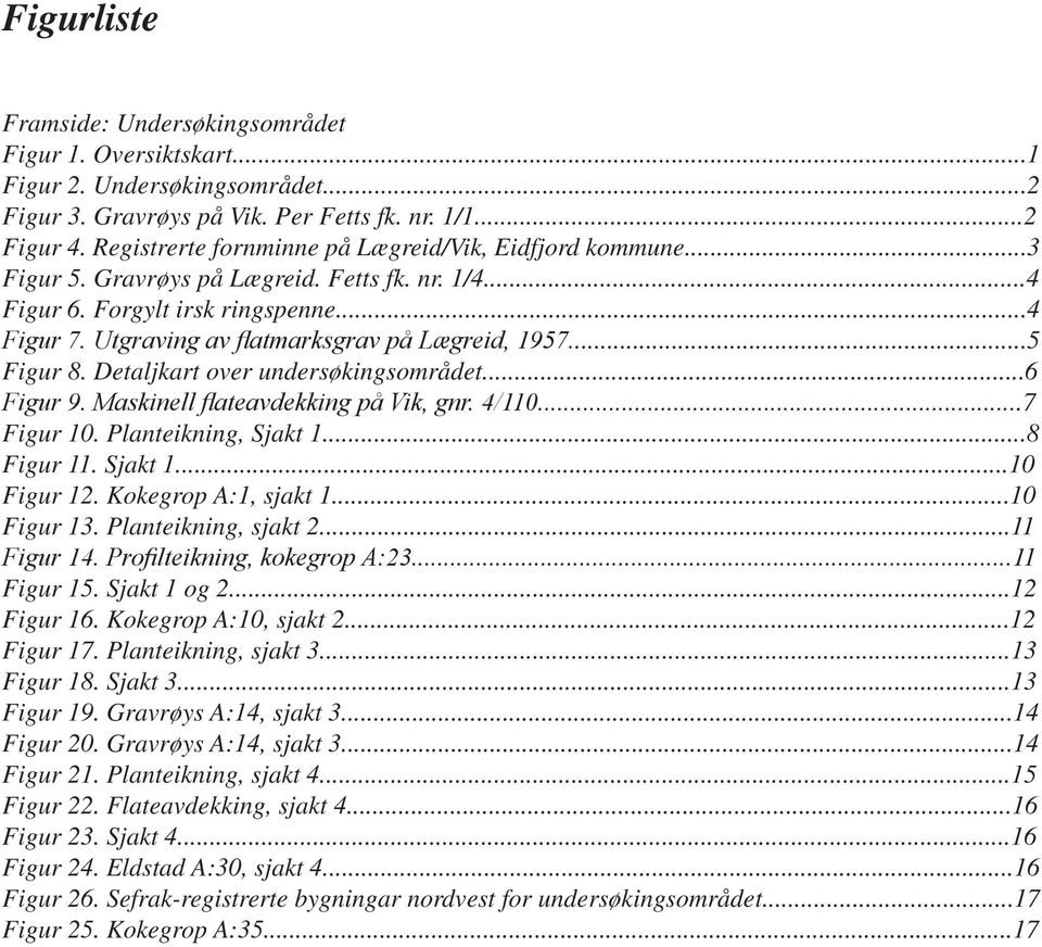 Utgraving av flatmarksgrav på Lægreid, 1957...5 Figur 8. Detaljkart over undersøkingsområdet...6 Figur 9. Maskinell flateavdekking på Vik, gnr. 4/110...7 Figur 10. Planteikning, Sjakt 1...8 Figur 11.