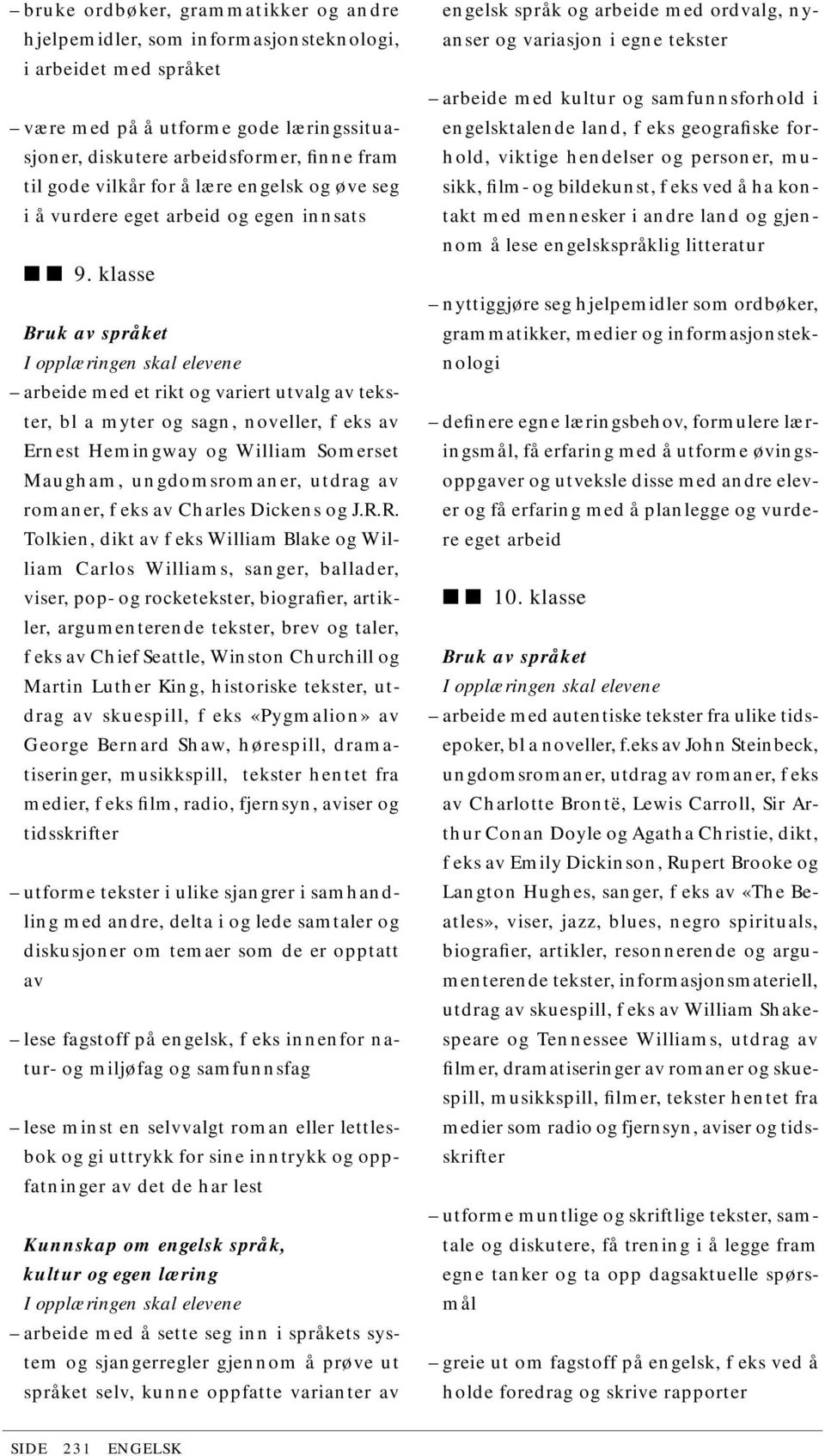 klasse arbeide med et rikt og variert utvalg av tekster, bl a myter og sagn, noveller, f eks av Ernest Hemingway og William Somerset Maugham, ungdomsromaner, utdrag av romaner, f eks av Charles