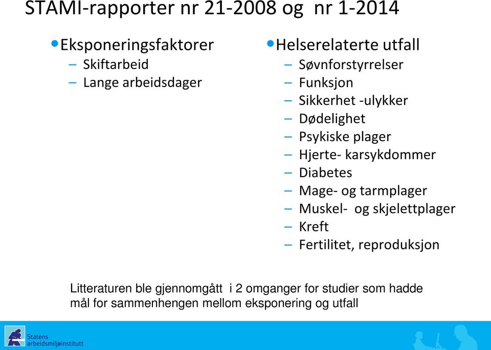 Hjerte- karsykdommer Diabetes Mage- og tarmplager Muskel- og skjelettplager Kreft Fertilitet,