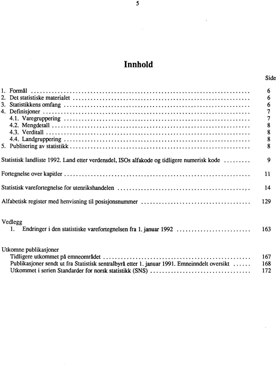 14 Alfabetisk register med henvisning til posisjonsnummer 129 Side Vedlegg 1 Endringer i den statistiske varefortegnelsen fra 1 januar 1992 163 Utkomne publikasjoner Tidligere