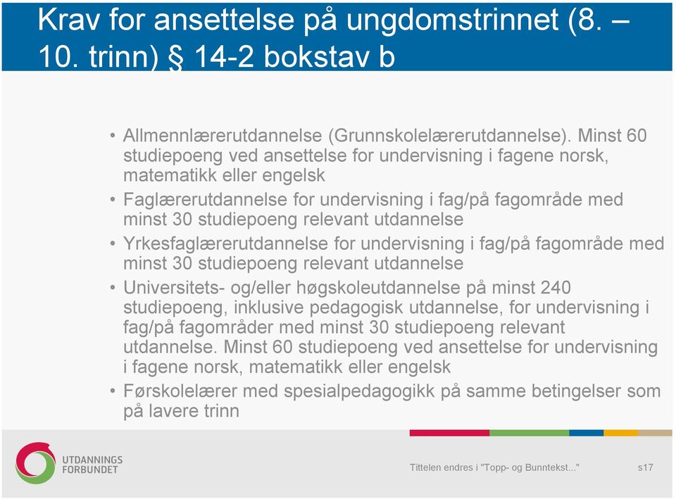 Yrkesfaglærerutdannelse for undervisning i fag/på fagområde med minst 30 studiepoeng relevant utdannelse Universitets- og/eller høgskoleutdannelse på minst 240 studiepoeng, inklusive pedagogisk