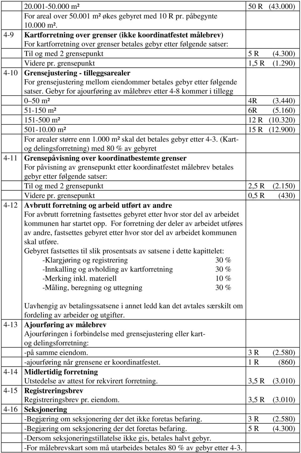 Gebyr for ajourføring av målebrev etter 4-8 kommer i tillegg 0 50 m² 4R (3.440) 51-150 m² 6R (5.160) 151-500 m² 12 R (10.320) 501-10.00 m² 15 R (12.900) For arealer større enn 1.