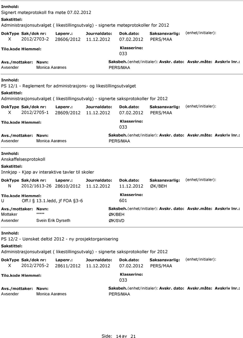 : Avsender Monica Aarønes PS 12/1 - Reglement for administrasjons- og likestillingsutvalget Administrasjonsutvalget ( likestillingsutvalg) - signerte saksprotokoller for 2012 2012/2705-1 28609/2012