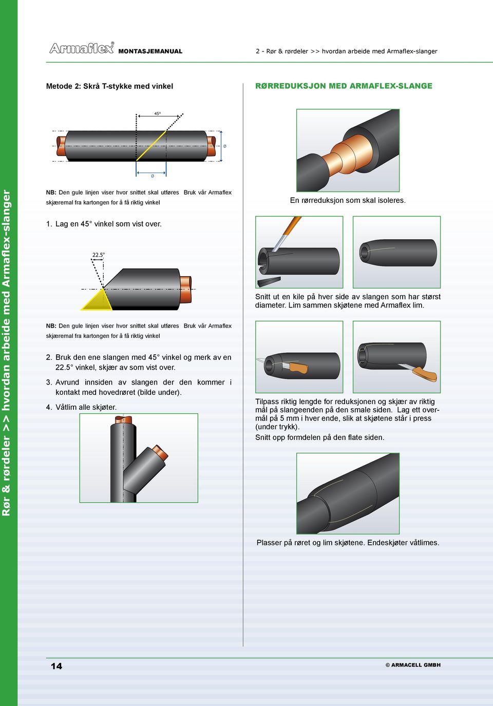 5 NB: Den gule linjen viser hvor snittet skal utføres Bruk vår Armaflex skjæremal fra kartongen for å få riktig vinkel 2. Bruk den ene slangen med 45 vinkel og merk av en 22.