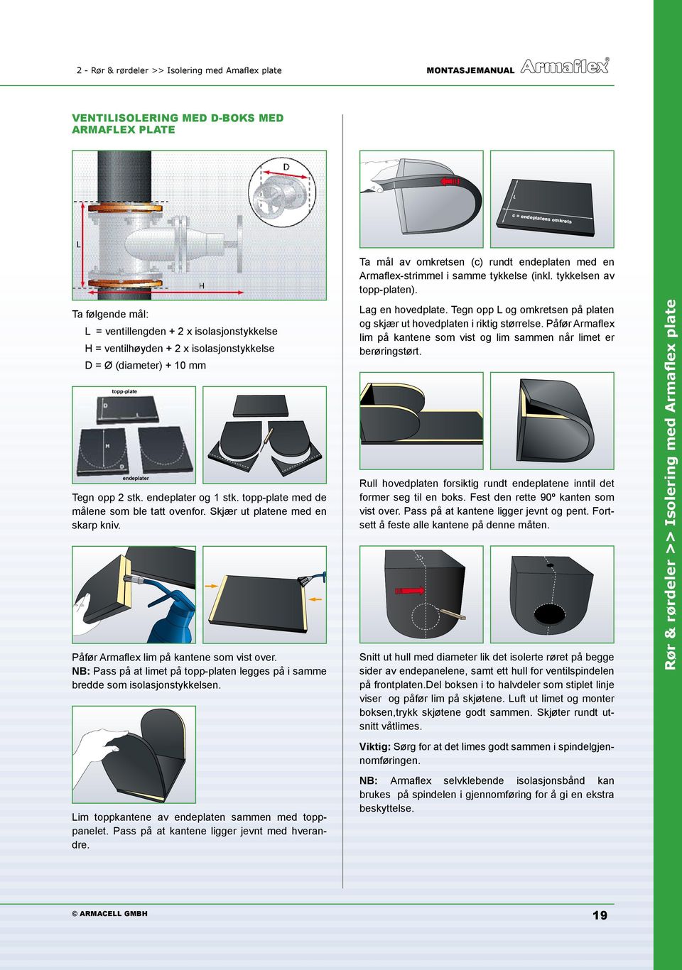 Ta følgende mål: L = ventillengden + 2 x isolasjonstykkelse H = ventilhøyden + 2 x isolasjonstykkelse D = Ø (diameter) + 10 mm topp-plate endeplater Tegn opp 2 stk. endeplater og 1 stk.