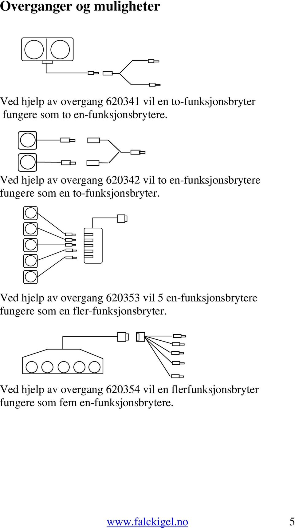 Ved hjelp av overgang 620342 vil to en-funksjonsbrytere fungere som en to-funksjonsbryter.