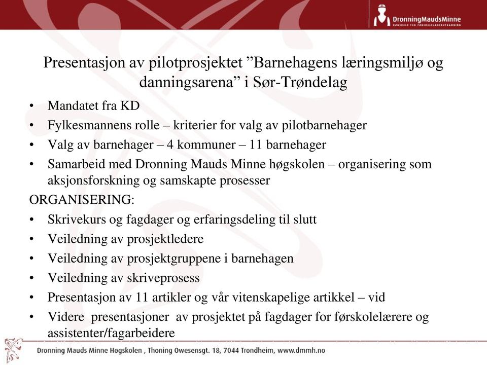 prosesser ORGANISERING: Skrivekurs og fagdager og erfaringsdeling til slutt Veiledning av prosjektledere Veiledning av prosjektgruppene i barnehagen