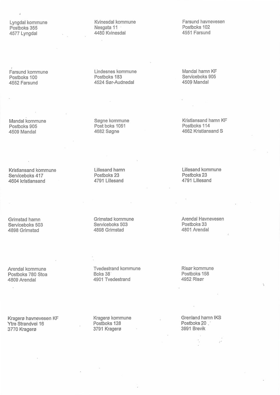 Kristiansand S Kristiansand kommune Lillesand hamn Lillesand kommune Serviceboks 417 Postboks 23 Postboks 23 4604 kristiansand 4791 Lillesand 4791 Lillesand Grimstad harnn Grimstad kommune Arendal