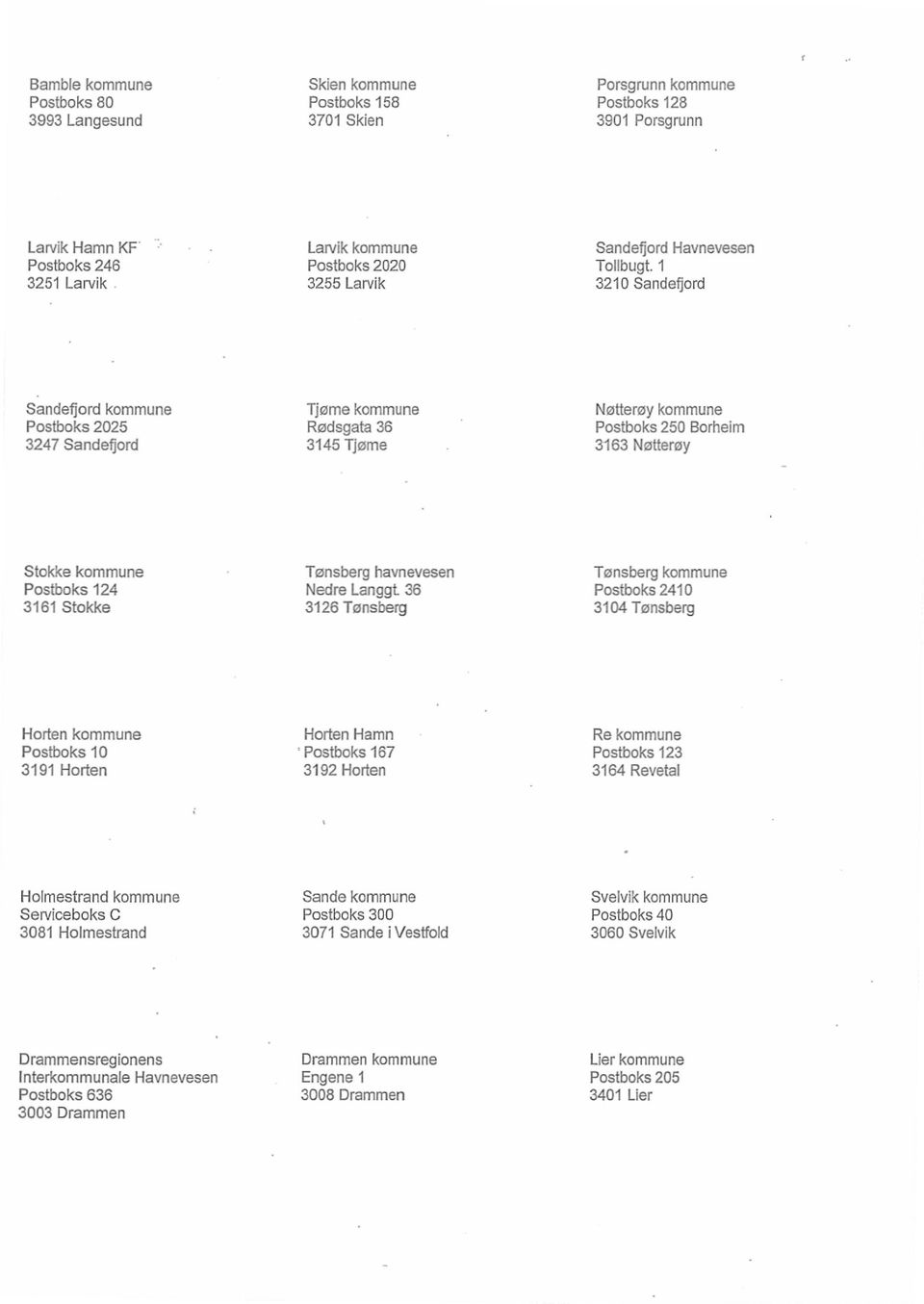 1 3251 Larvik 3255 Larvik 3210 Sandefjord Sandefjord kommune Tjøme kommune Nøtterøy kommune Postboks 2025 Rødsgata 36 Postboks250 Borheim 3247 Sandefjord 3145 Tjøme 3163 Nøtterøy Stokke kommune