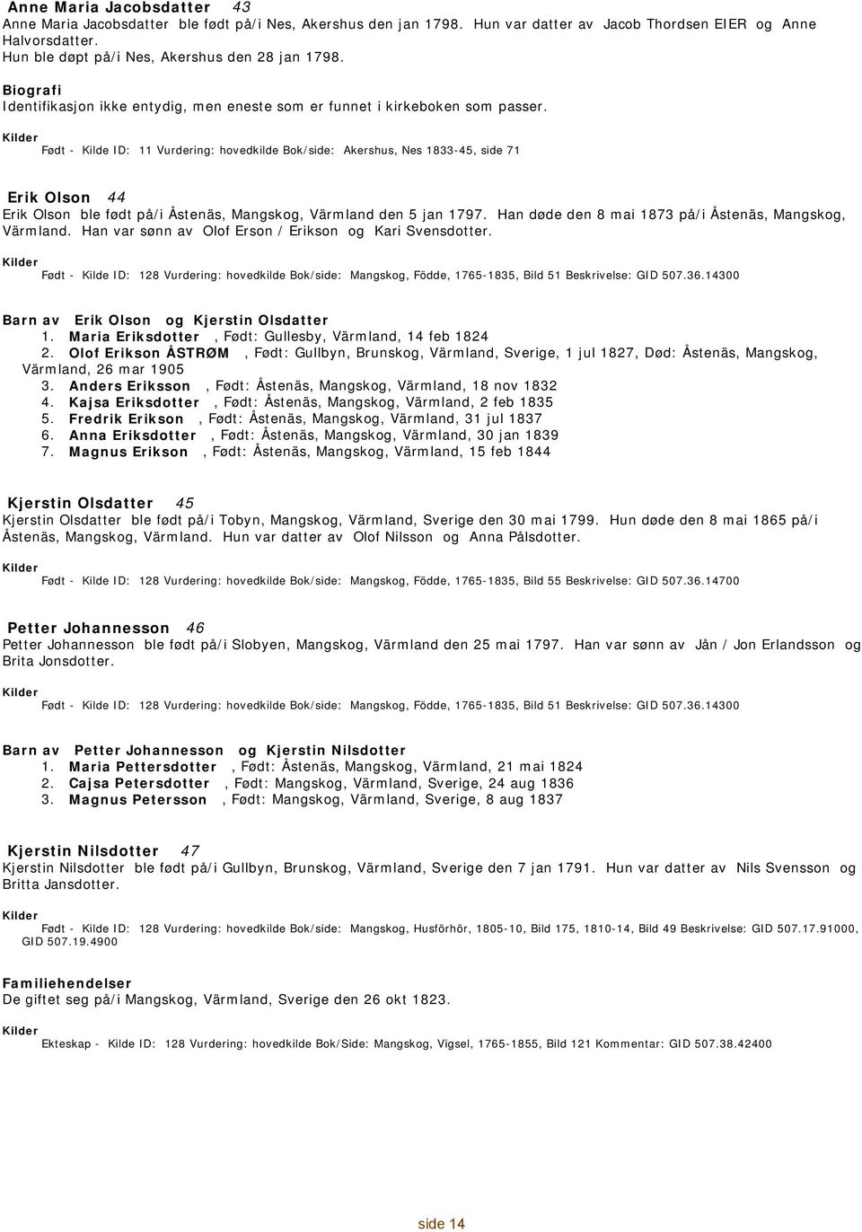 - 11 Vurdering: hovedkilde Bok/side: Akershus, Nes 1833-45, side 71 Erik Olson 44 Erik Olson ble født på/i Åstenäs, Mangskog, Värmland den 5 jan 1797.