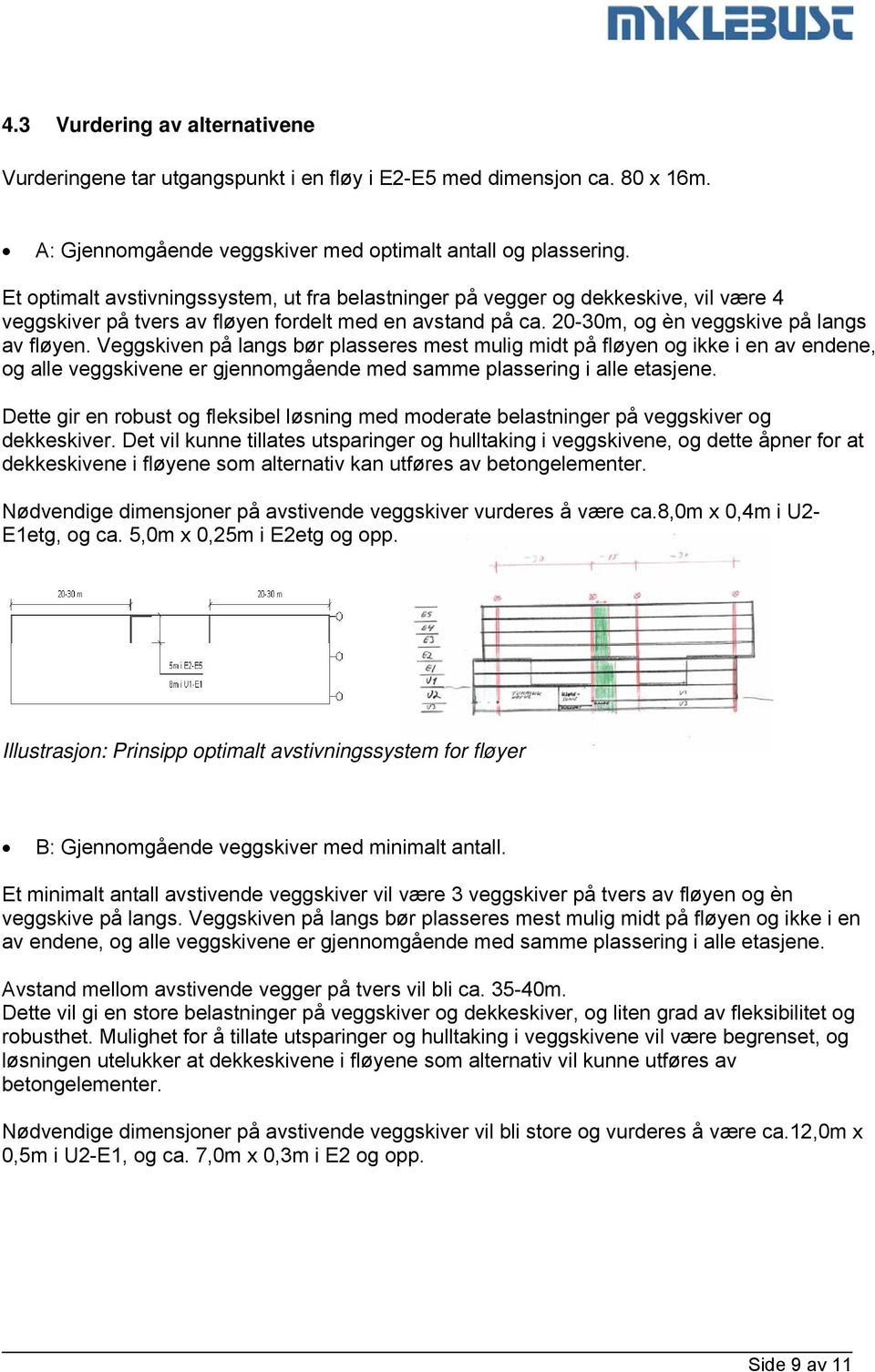 Veggskiven på langs bør plasseres mest mulig midt på fløyen og ikke i en av endene, og alle veggskivene er gjennomgående med samme plassering i alle etasjene.