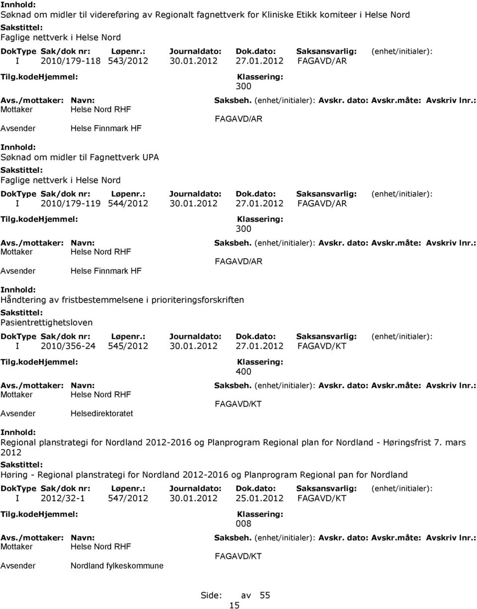 01.2012 27.01.2012 FAGAVD/KT Helsedirektoratet 400 FAGAVD/KT Regional planstrategi for Nordland 2012-2016 og Planprogram Regional plan for Nordland - Høringsfrist 7.
