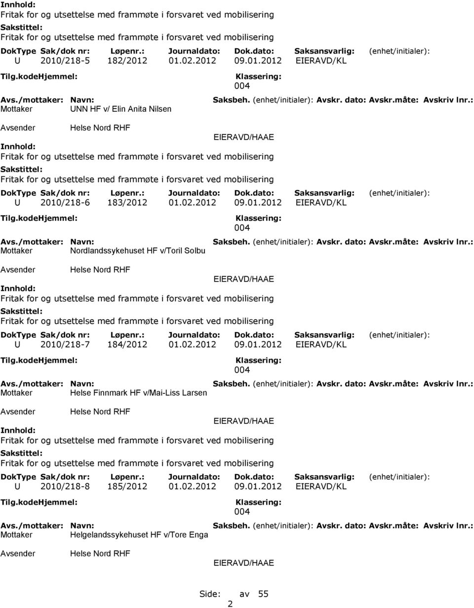 02.2012 09.01.2012 EIERAVD/KL Mottaker Helse Finnmark HF v/mai-liss Larsen 004 Helse Nord RHF EIERAVD/HAAE /218-8 185/2012 01.02.2012 09.01.2012 EIERAVD/KL Mottaker Helgelandssykehuset HF v/tore Enga 004 Helse Nord RHF EIERAVD/HAAE 2