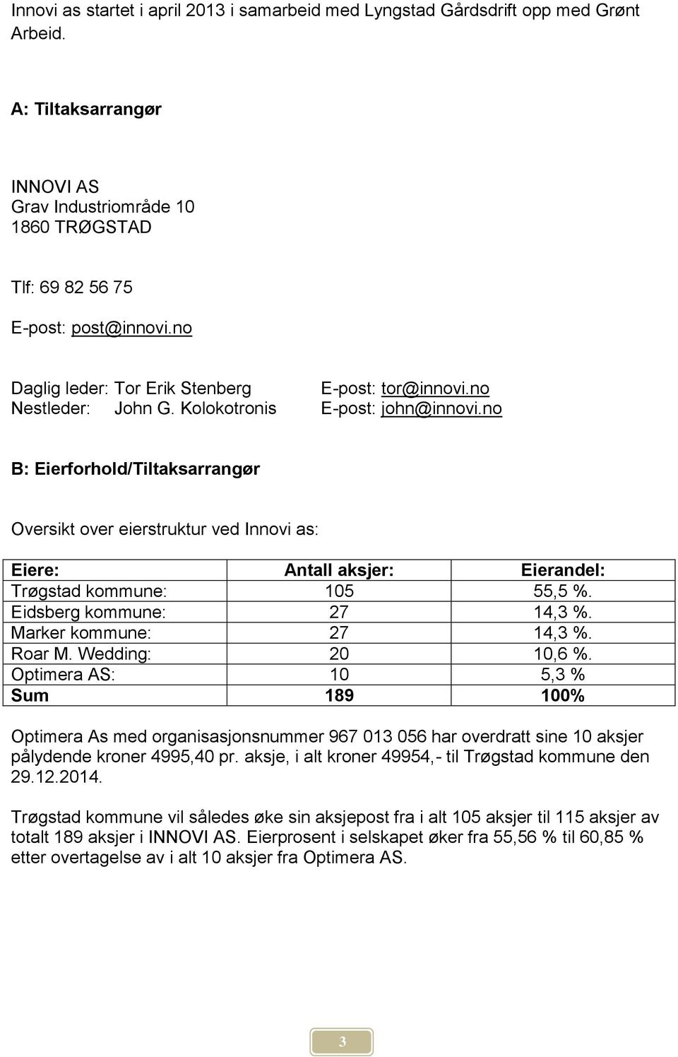 no B: Eierforhold/Tiltaksarrangør Oversikt over eierstruktur ved Innovi as: Eiere: Antall aksjer: Eierandel: Trøgstad kommune: 105 55,5 %. Eidsberg kommune: 27 14,3 %. Marker kommune: 27 14,3 %.