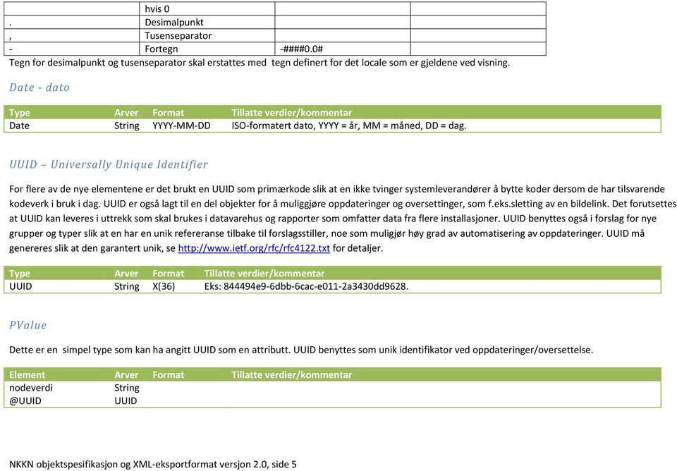 UUID Universally Unique Identifier For flere av de nye elementene er det brukt en UUID som primærkode slik at en ikke tvinger systemleverandører å bytte koder dersom de har tilsvarende kodeverk i