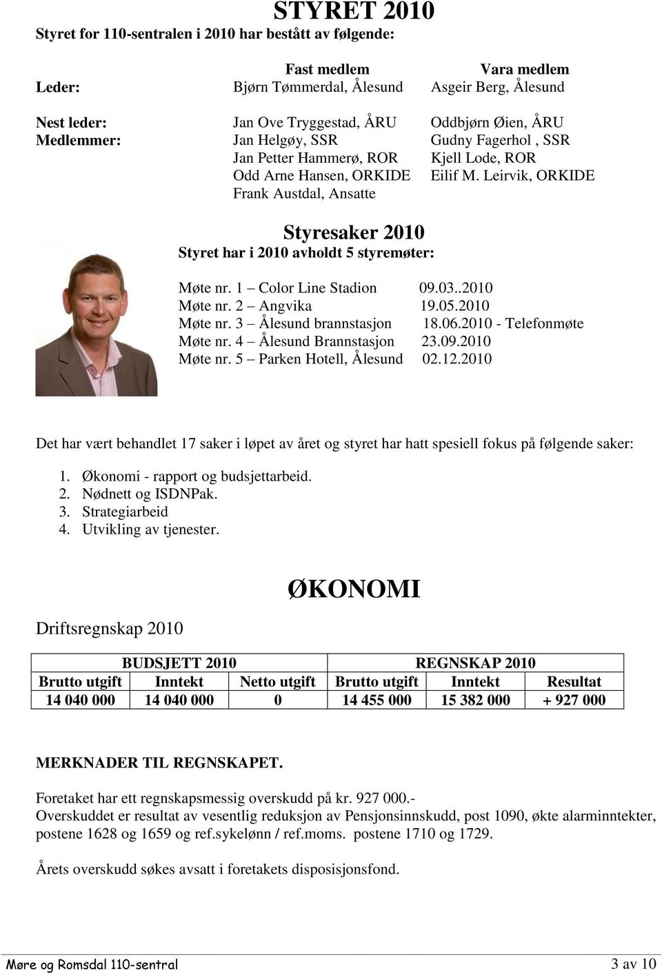 Leirvik, ORKIDE Frank Austdal, Ansatte Styresaker 2010 Styret har i 2010 avholdt 5 styremøter: Møte nr. 1 Color Line Stadion 09.03..2010 Møte nr. 2 Angvika 19.05.2010 Møte nr. 3 Ålesund brannstasjon 18.