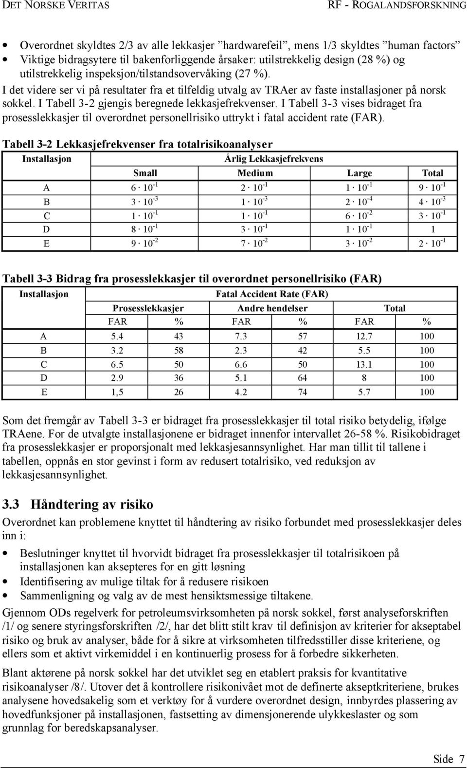 I Tabell 3-3 vises bidraget fra prosesslekkasjer til overordnet personellrisiko uttrykt i fatal accident rate (FAR).