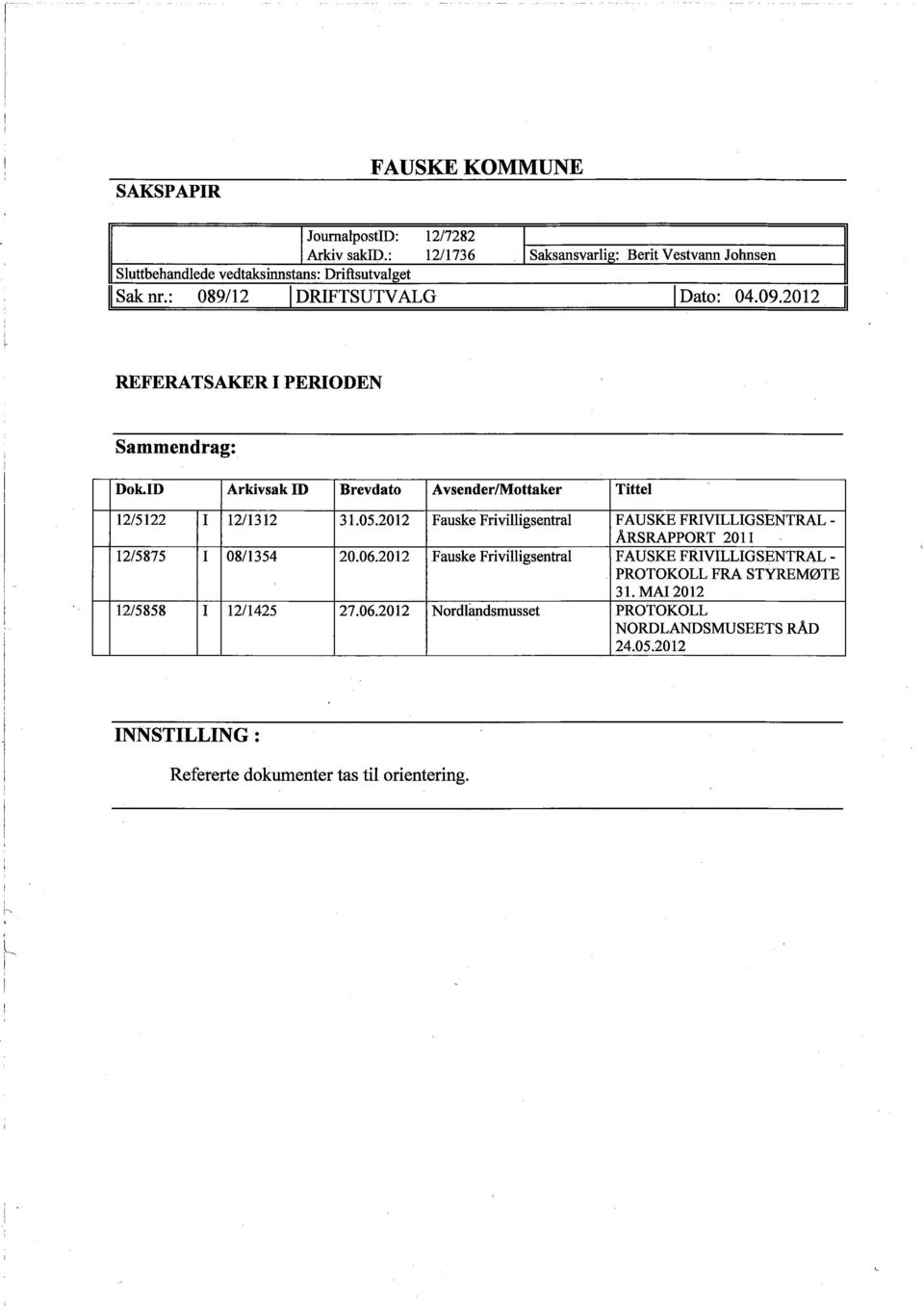 ID ArkivsakID Brevdato AvsenderlMottaker Tittel 12/5122 I 12/1312 31.05.2012 Fauske Friviligsentral FAUSKE FRIVILLIGSENTRAL - ÅRSRAPORT 2011 12/5875 I 08/1354 20.