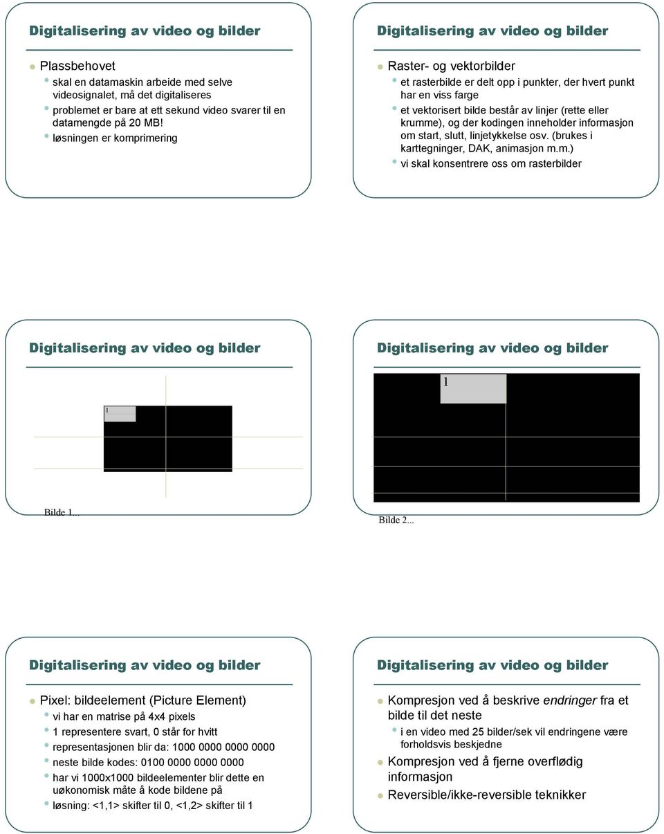 inneholder informasjon om start, slutt, linjetykkelse osv. (brukes i karttegninger, DAK, animasjon m.m.) vi skal konsentrere oss om rasterbilder 0 1 0 0 1 0 0 0 Bilde 1... Bilde 2.