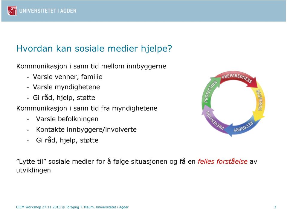 støtte Kommunikasjon i sann tid fra myndighetene Varsle befolkningen Kontakte innbyggere/involverte Gi