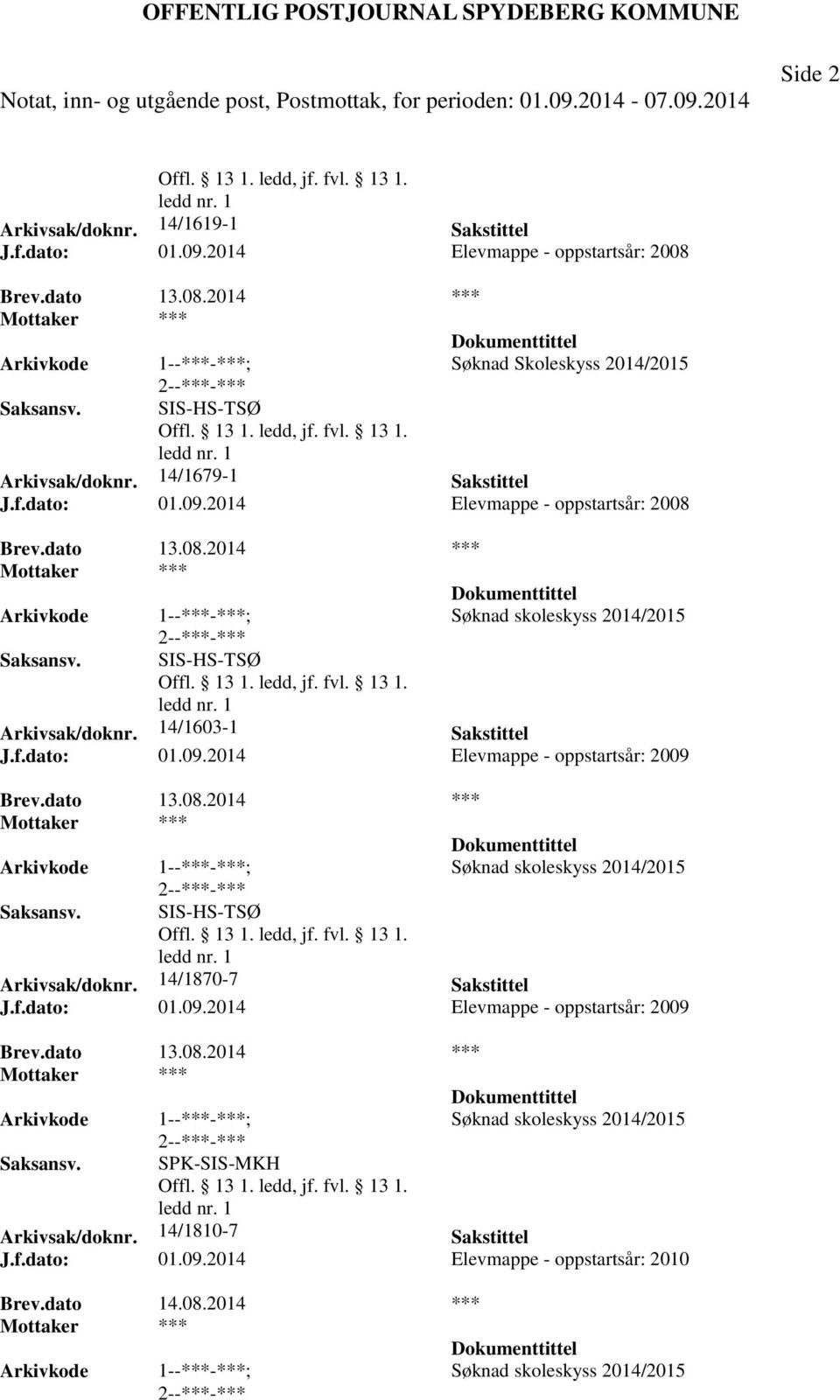 dato 13.08.2014 *** Søknad skoleskyss 2014/2015 SIS-HS-TSØ Arkivsak/doknr. 14/1870-7 Sakstittel J.f.dato: 01.09.2014 Elevmappe - oppstartsår: 2009 Brev.dato 13.08.2014 *** Søknad skoleskyss 2014/2015 SPK-SIS-MKH Arkivsak/doknr.