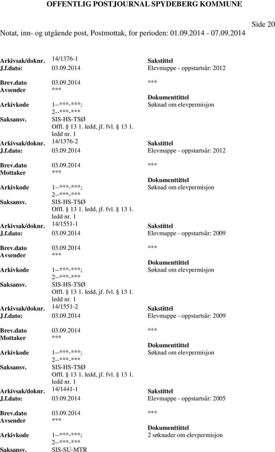 14/1551-2 Sakstittel J.f.dato: 03.09.2014 Elevmappe - oppstartsår: 2009 Søknad om elevpermisjon SIS-HS-TSØ Arkivsak/doknr. 14/1441-1 Sakstittel J.f.dato: 03.09.2014 Elevmappe - oppstartsår: 2005 2 søknader om elevpermisjon SIS-SU-MTR