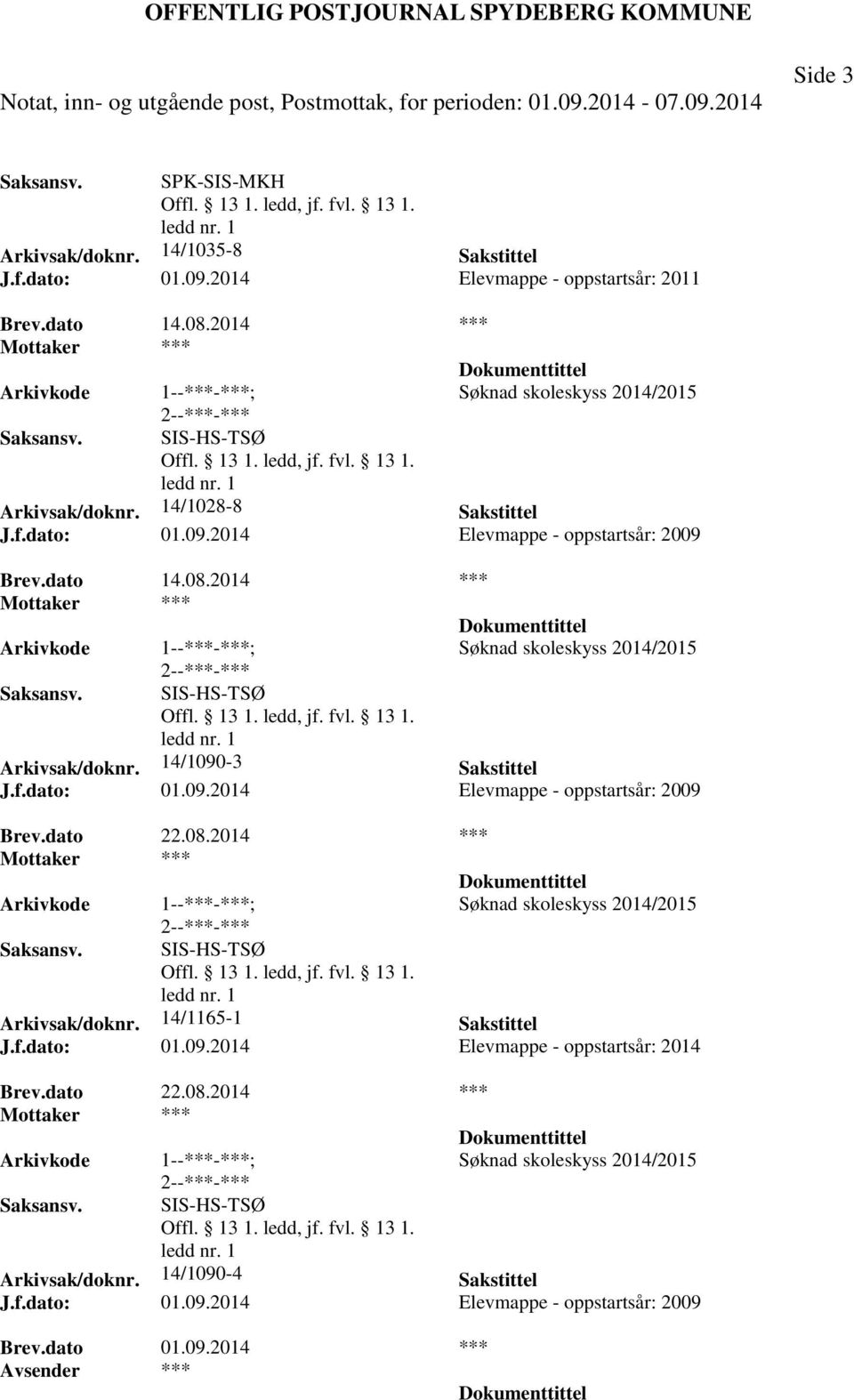 2014 *** Søknad skoleskyss 2014/2015 SIS-HS-TSØ Arkivsak/doknr. 14/1090-3 Sakstittel J.f.dato: 01.09.2014 Elevmappe - oppstartsår: 2009 Brev.dato 22.08.