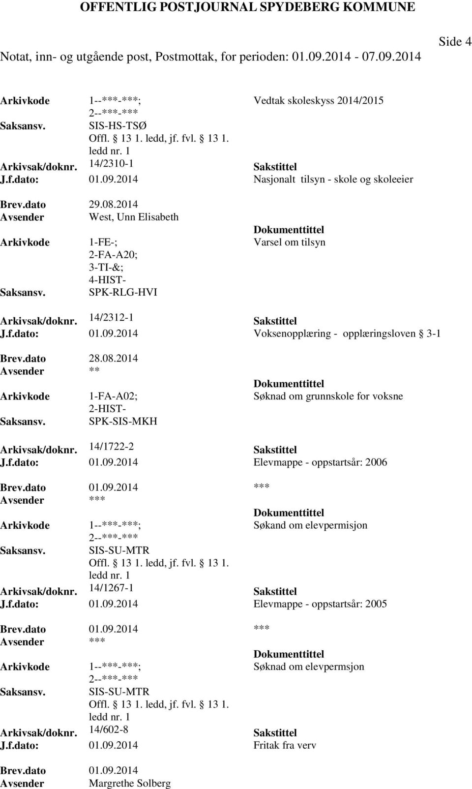 dato 28.08.2014 Avsender ** 1-FA-A02; 2-HIST- SPK-SIS-MKH Søknad om grunnskole for voksne Arkivsak/doknr. 14/1722-2 Sakstittel J.f.dato: 01.09.