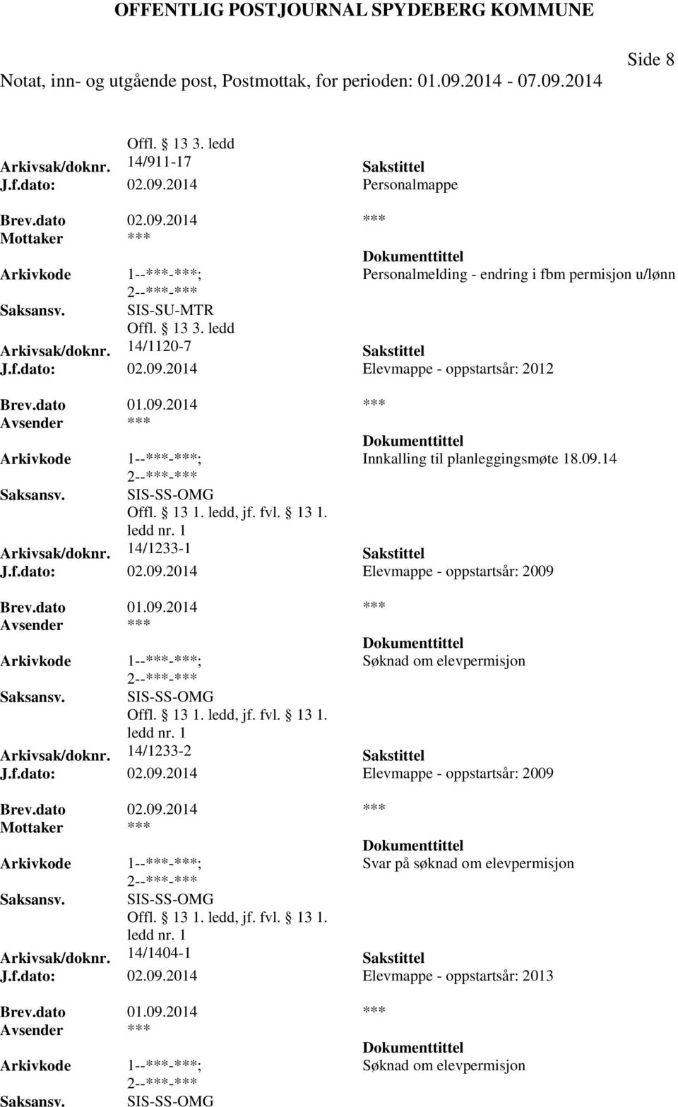 dato 01.09.2014 *** Søknad om elevpermisjon Arkivsak/doknr. 14/1233-2 Sakstittel J.f.dato: 02.09.2014 Elevmappe - oppstartsår: 2009 Svar på søknad om elevpermisjon Arkivsak/doknr.