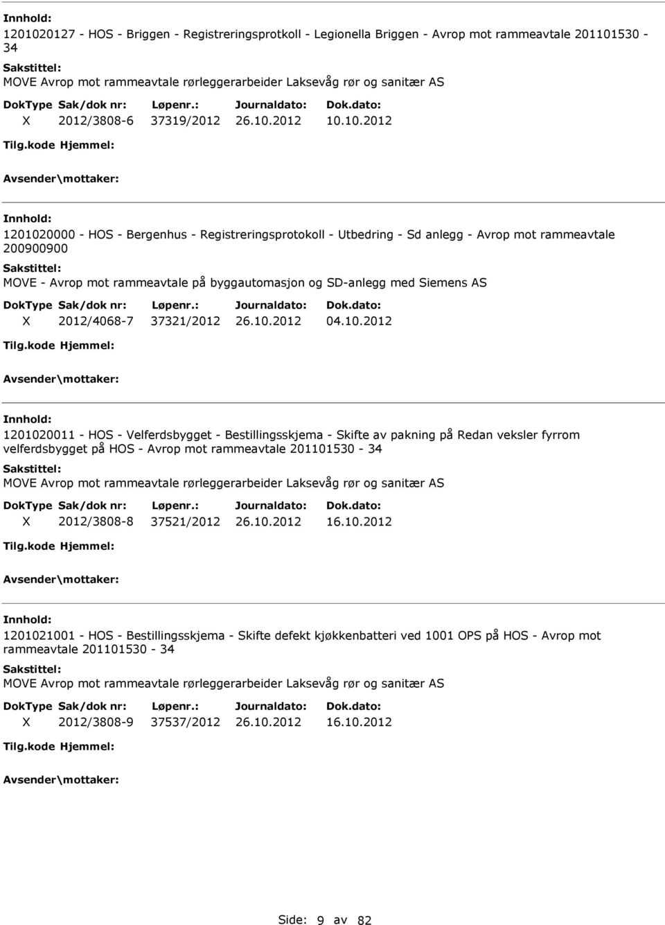 10.2012 1201020000 - HOS - Bergenhus - Registreringsprotokoll - tbedring - Sd anlegg - Avrop mot rammeavtale 200900900 MOVE - Avrop mot rammeavtale på byggautomasjon og SD-anlegg med Siemens AS