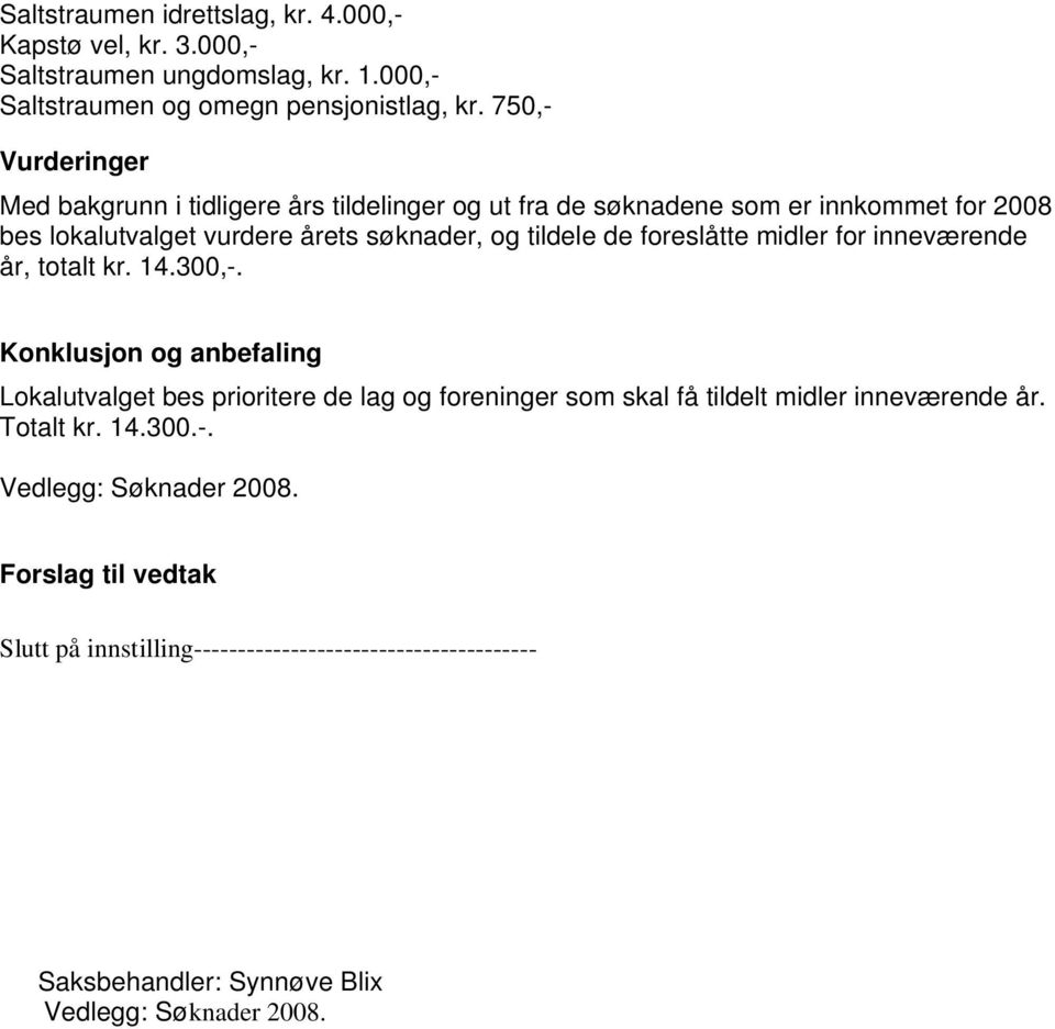 foreslåtte midler for inneværende år, totalt kr. 14.300,-.