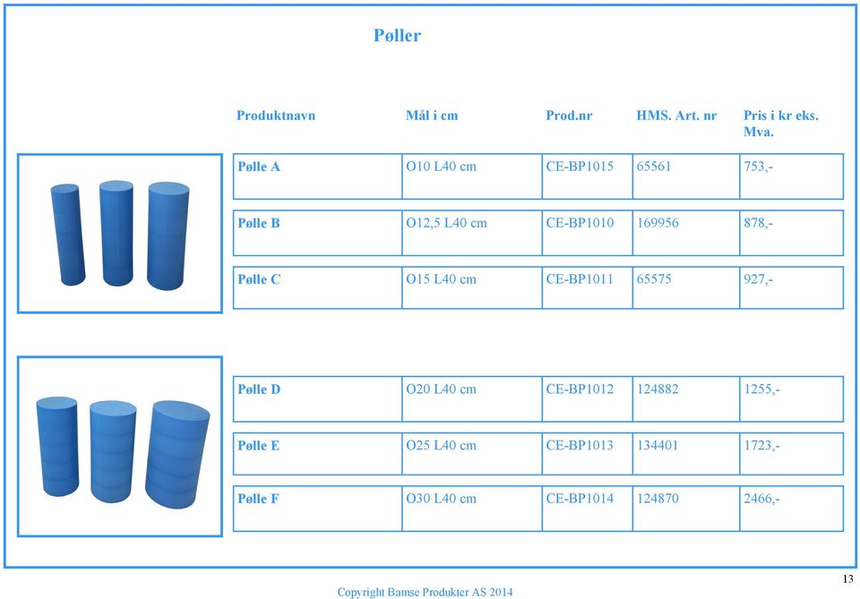 878,- Pølle C O15 L40 cm CE-BP1011 65575 927,- Pølle D O20 L40 cm CE-BP1012