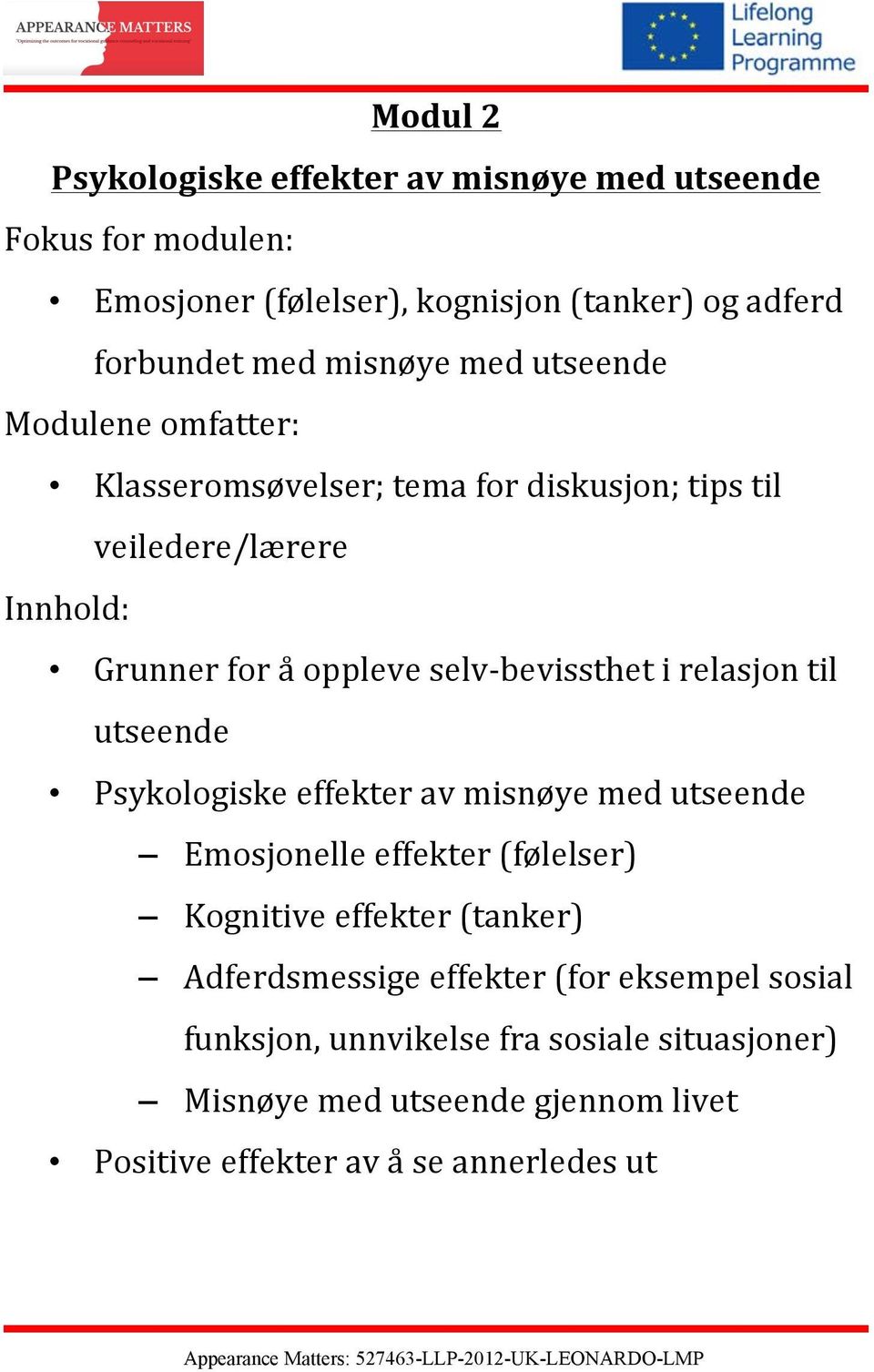 relasjon til utseende Psykologiske effekter av misnøye med utseende Emosjonelle effekter (følelser) Kognitive effekter (tanker) Adferdsmessige