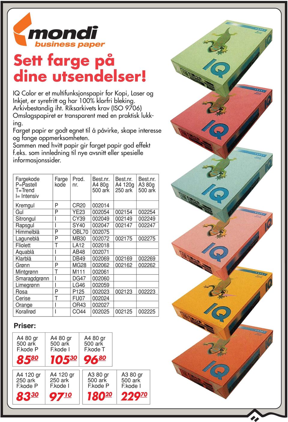 Sammen med hvitt papir gir farget papir god effekt f.eks. som innledning til nye avsnitt eller spesielle informasjonssider. Fargekode Farge Prod. P=Pastell kode nr.