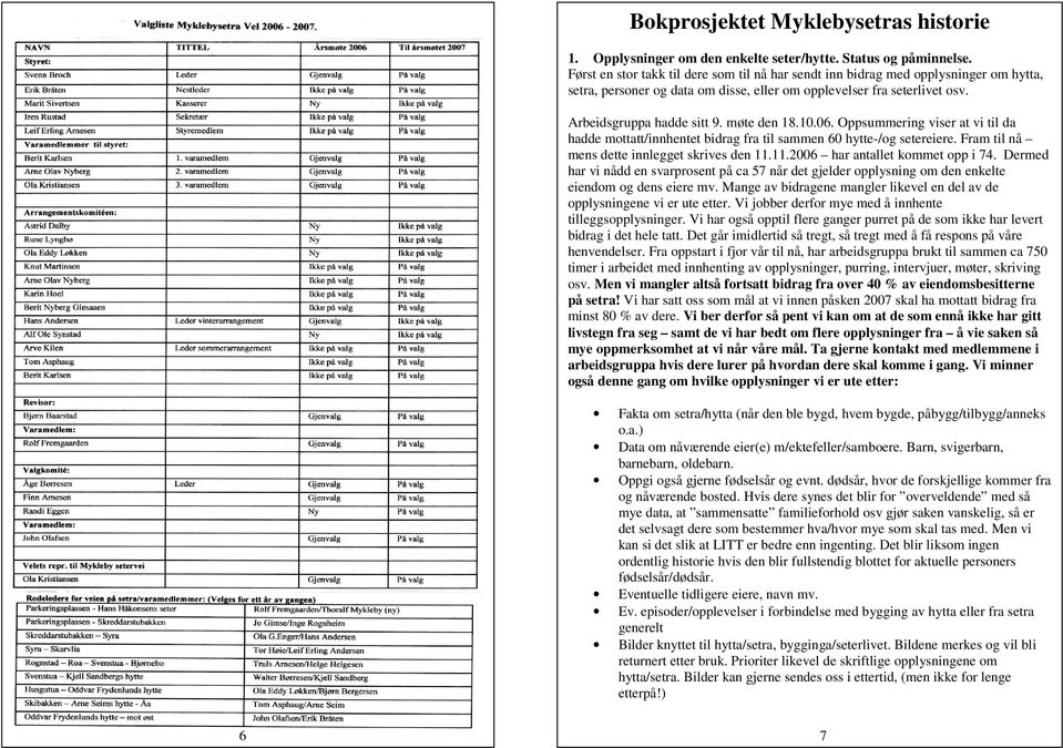 møte den 18.10.06. Oppsummering viser at vi til da hadde mottatt/innhentet bidrag fra til sammen 60 hytte-/og setereiere. Fram til nå mens dette innlegget skrives den 11.